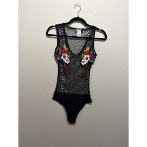 Top Chic Black Mesh Bodysuit Embroidered Parrot Tropical Floral Fishnet Y2K M